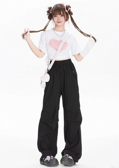 Print Design Drawstring Side Heart T-shirt White