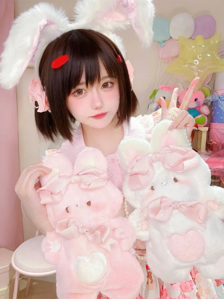 Clearance-Bowknots Pink Rabbit-shaped Crossbody Plush Details