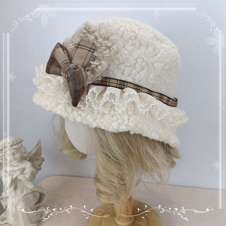 Plush / Trim Creamy Bucket Beige Bowknots Yellow Hat Lace Light