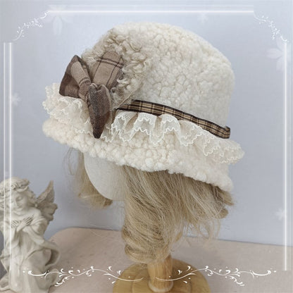 Plush / Trim Creamy Bucket Beige Bowknots Yellow Hat Lace Light