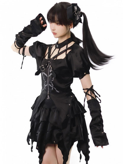 Kurzes Top + Schnürset, unregelmäßiger Aufdruck, schwarzes Neckholder-Top + Schmetterlingsärmel