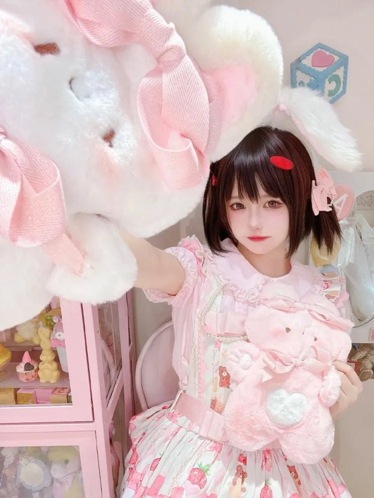 Clearance-Bowknots Pink Rabbit-shaped Crossbody Plush Details