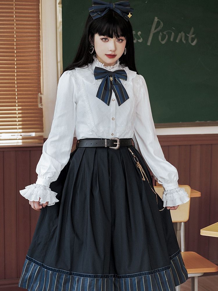 Bluse Gothic Kragen / Weiß Dunkel – Blau) Verfügbar Rot Hoch Farben Lolita Stoff 4 Gewaschen in Wildleder (Schwarz