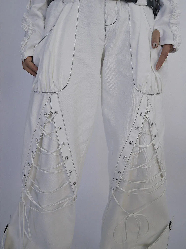 ウエストバンドデニムディテール（ウエストベルトダブルパンツレースアップホワイト付属）