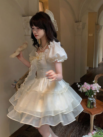 Skirt Triple-Tiered Sleeves Puff Beige with Sweet and Dress