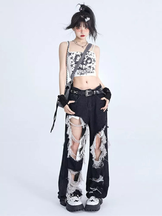 フリンジデザイン ダメージ加工 ロウ ブラックホールズ ジーンズ