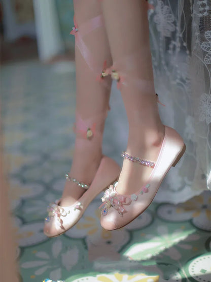 Ribbons Pink with Clearance-Size Design 43 Satin Butterflies Ballerina Roses Flats