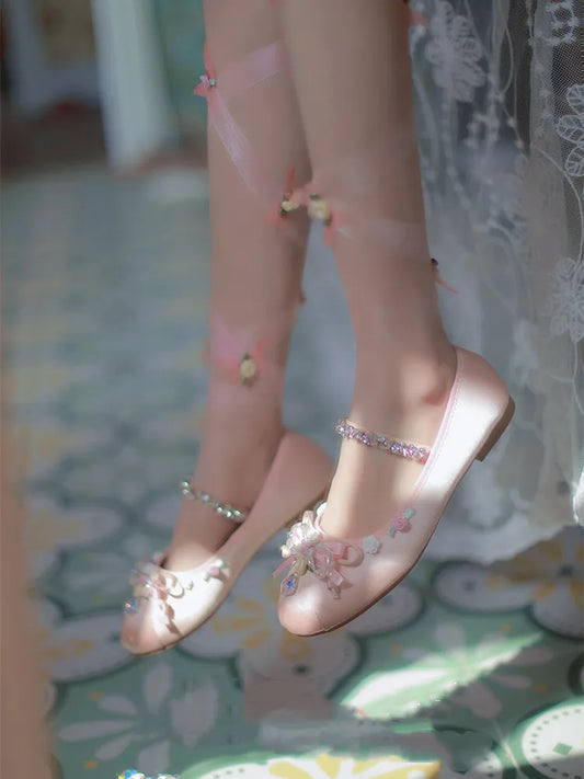 Ribbons Pink with Clearance-Size Design 43 Satin Butterflies Ballerina Roses Flats