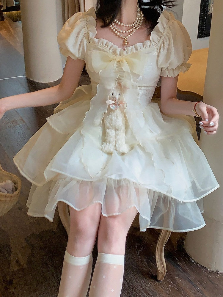Skirt Triple-Tiered Sleeves Puff Beige with Sweet and Dress