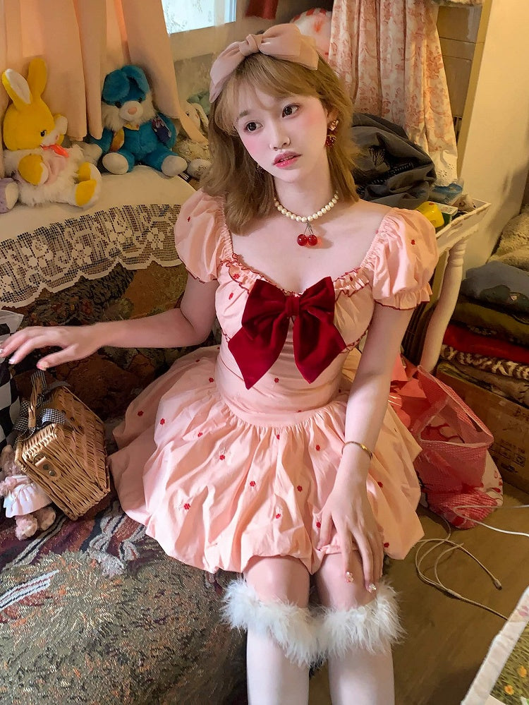 Embroidery Sleeves Bubble Hem Dress with Puff Pink and Floral