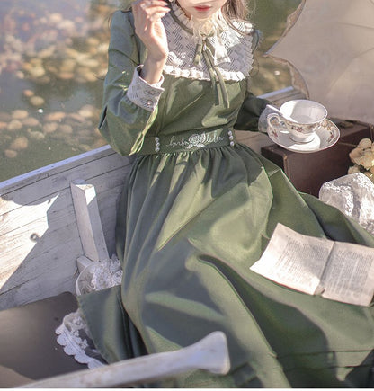 Rüschen Floral Vintage Ausschnitt Kleid Grün Stickerei Matcha mit