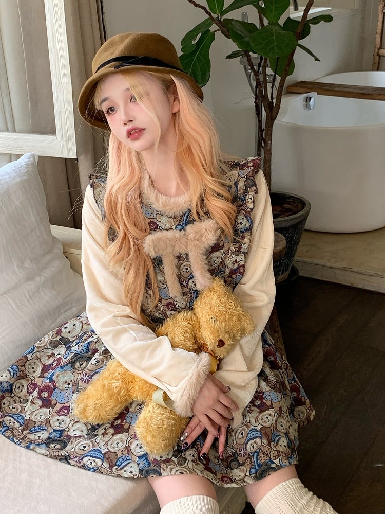 Dress with Plush Bowknot Faux Two-Piece Design Vintage Bear Print Brown