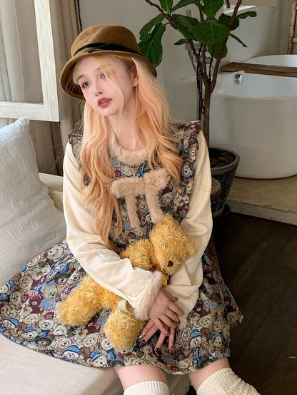 Dress with Plush Bowknot Faux Two-Piece Design Vintage Bear Print Brown