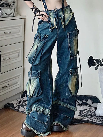 Cargo-Punk-Waste-Wasteland-Jeans mit verblassten Taschen und weitem Bein