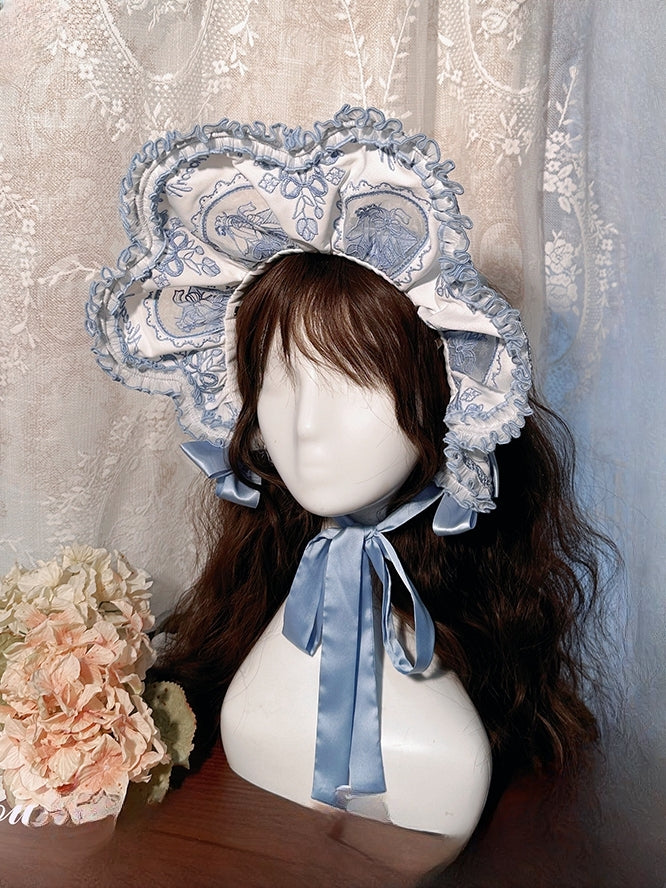 Gold Blue Floral Pink Black Bonnet / Embroidery
