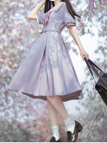 Light Purple Embroidered JK Uniform Sailor Dress - Walnut JK