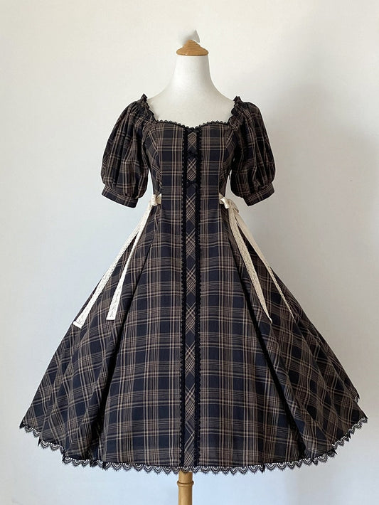 Black Dress Fit Pattern Slim Waist Plaid Short Sleeves Lolita
