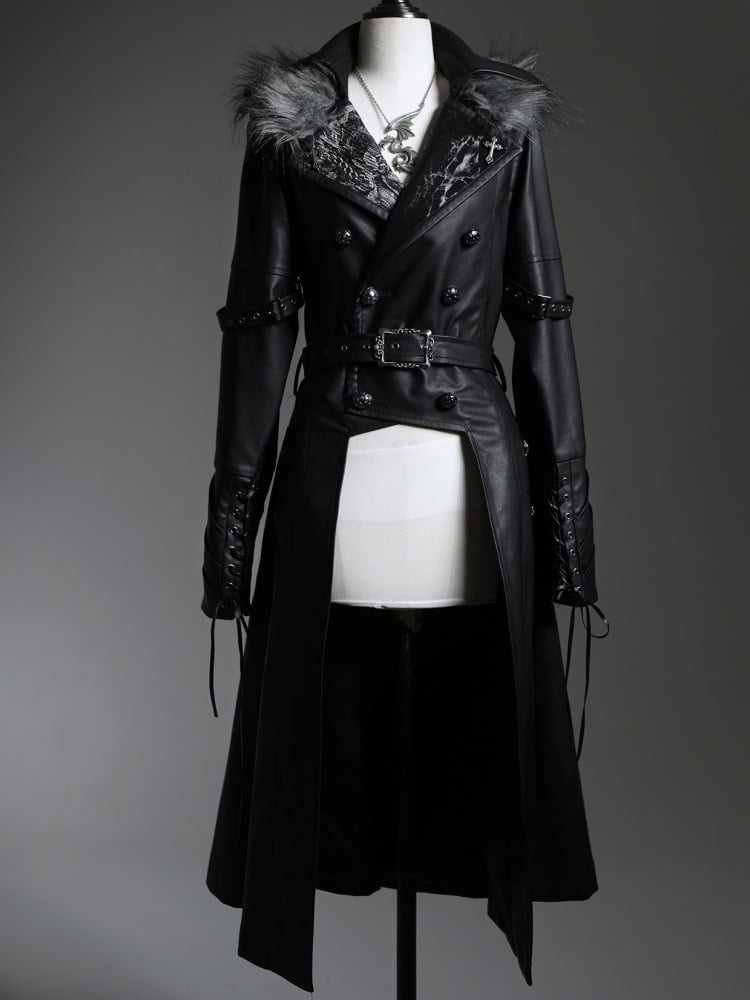 ドラゴンズブレス ブラックフェイクファーカラー PUレザートレンチコート
