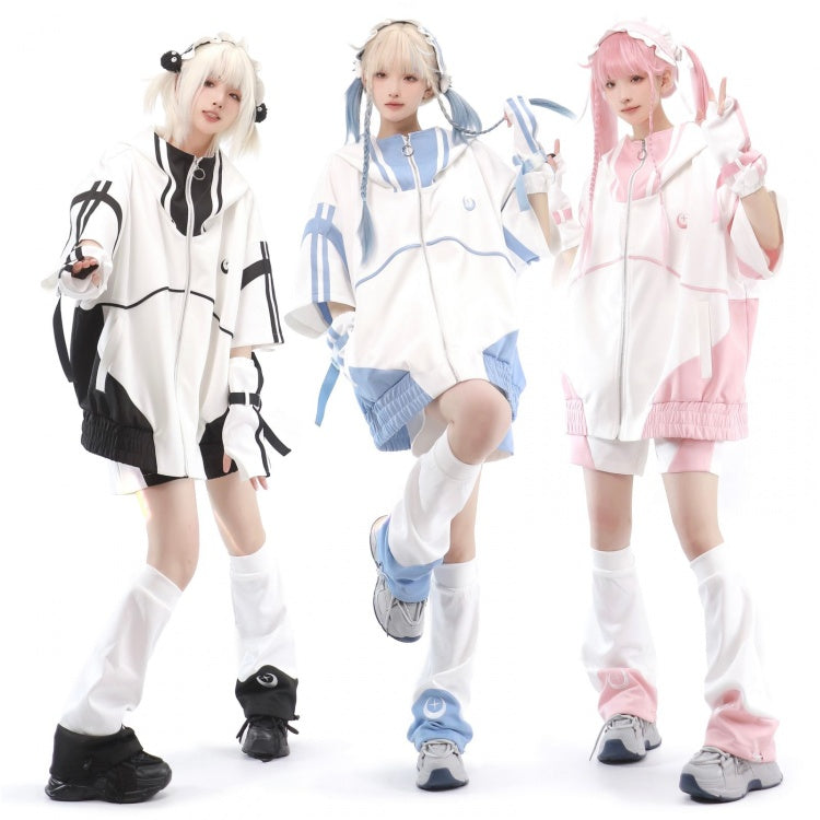 ライトブルーとホワイトのジップアップフロントセーターシャツ、肘丈袖、天使カイワイジャケット