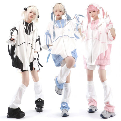 ライトブルーとホワイトのジップアップフロントセーターシャツ、肘丈袖、天使カイワイジャケット