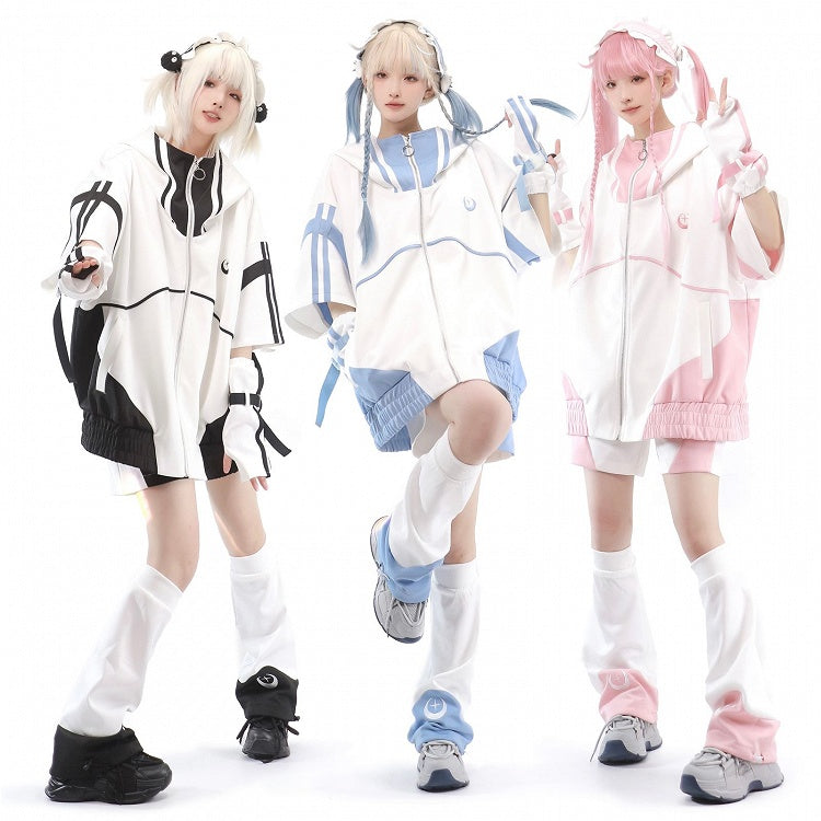 Vorderseite Tenshi Weiße Jacke Oben Blaue Ärmel Kaiwai Light und Sweatershirt Zip Ellenbogenlang