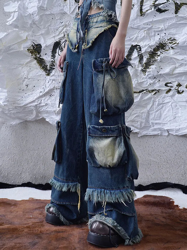 Cargo Punk Wash Wasteland Faded Pockets Jeans Wide Leg