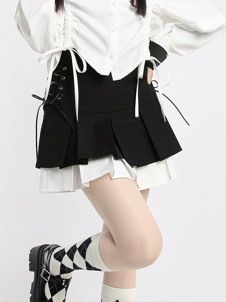 スカート ホワイト/グレー ティアードプリーツ ダブル＆ブラック ボックス