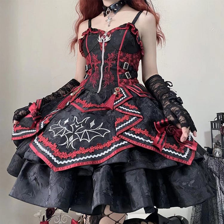 Gothic Bat Black Cross Embroidery Lolita Front Red JSK and Buckle Side Zip