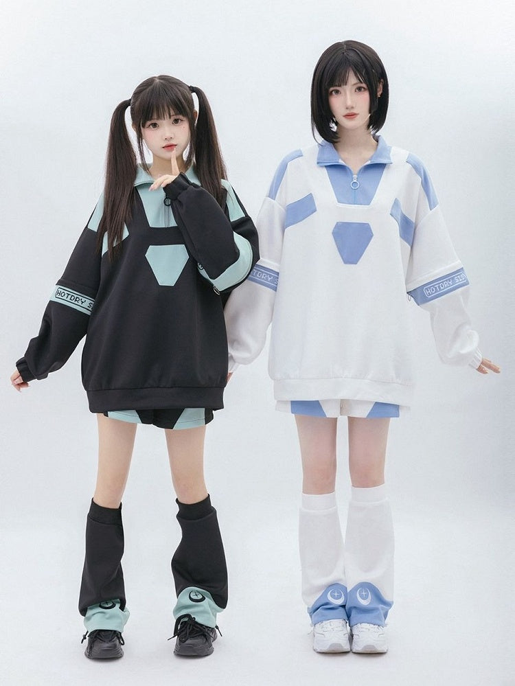 快傑天使デザイン ブルーライトジップスウェットシャツ ホワイトスリーブと