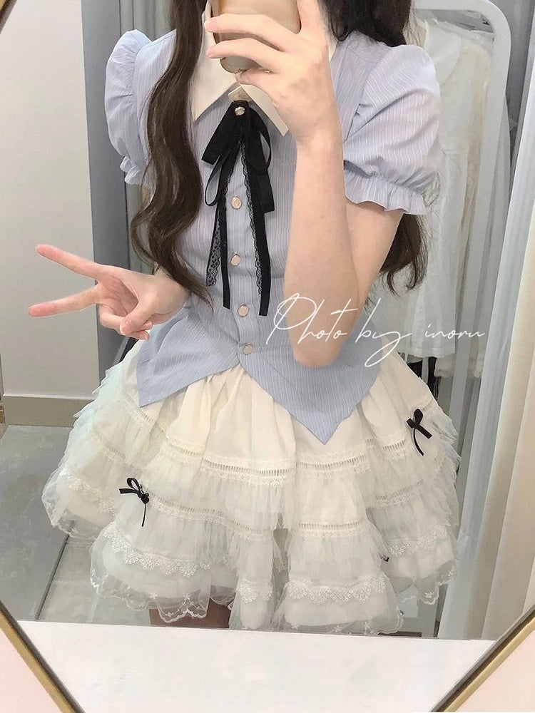 Hemd Puffärmel Blau Süß Gestreift