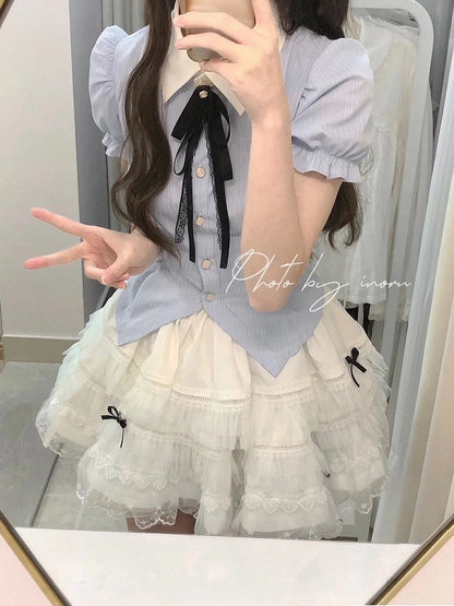 Hemd Puffärmel Blau Süß Gestreift