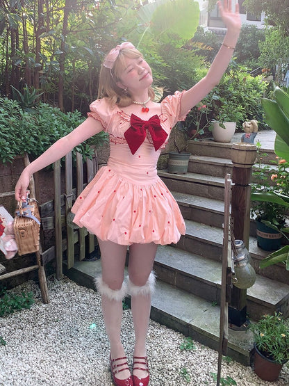 Embroidery Sleeves Bubble Hem Dress with Puff Pink and Floral