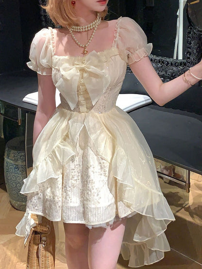 Dress with Tulle Train Beige Sequin-Embellished Square Neckline