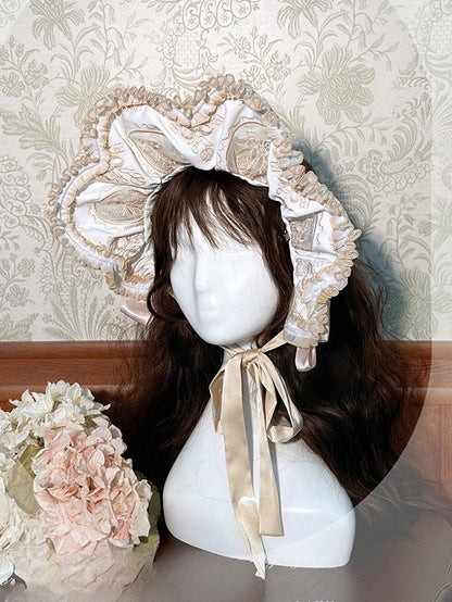 Gold Blue Floral Pink Black Bonnet / Embroidery