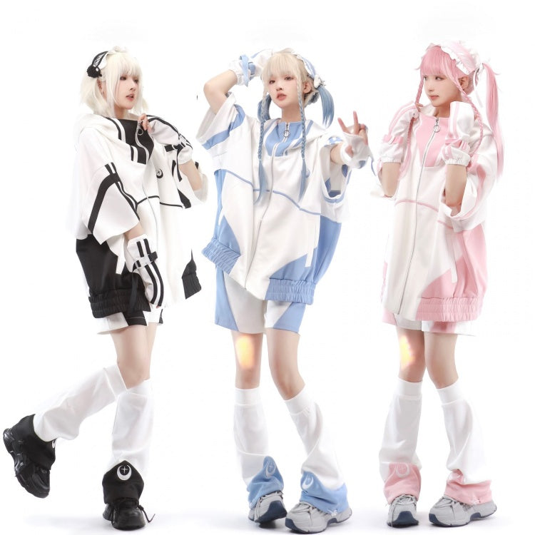 ライトブルーとホワイトのジップアップフロントセーターシャツ、肘丈袖、天使カイワイジャケット