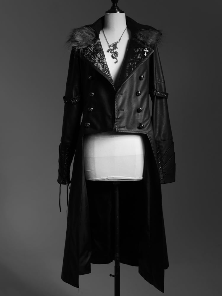 ドラゴンズブレス ブラックフェイクファーカラー PUレザートレンチコート