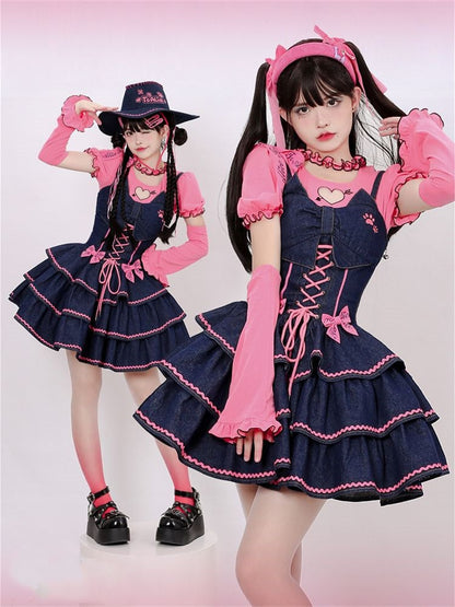 Navy Blue Lace-up Detail Sweet Bow Accents Tiered Skirt Denim Slip Dress