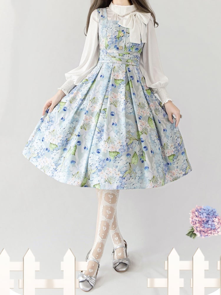 Blaues, eckiges Ausschnittkleid mit Blaubeeren und Hortensien, elegantes, klassisches Lolita JSK-Kleid