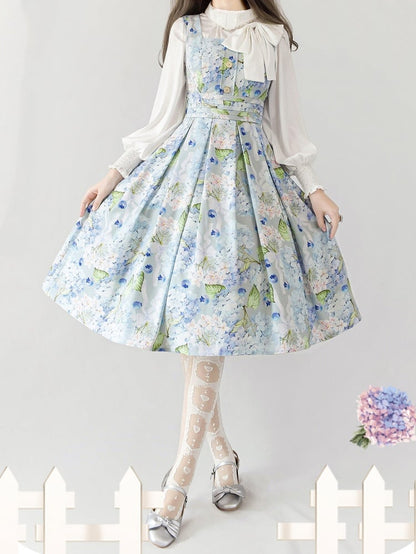 Blaues, eckiges Ausschnittkleid mit Blaubeeren und Hortensien, elegantes, klassisches Lolita JSK-Kleid