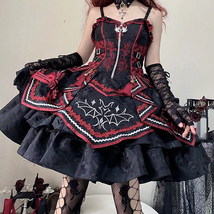 Gothic Bat Black Cross Embroidery Lolita Front Red JSK and Buckle Side Zip