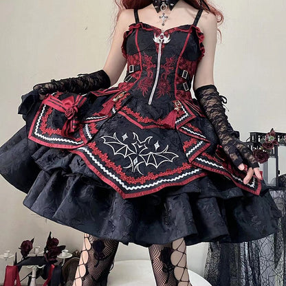 Gothic Bat Black Cross Embroidery Lolita Front Red JSK and Buckle Side Zip