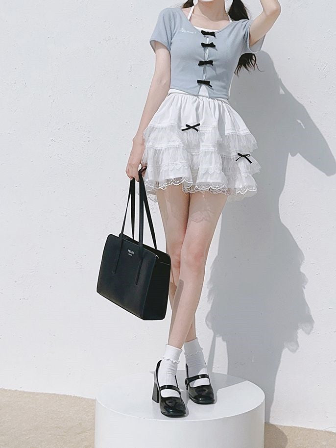 Bowknot Lace Trim Skirt Tiered Black White with Details
