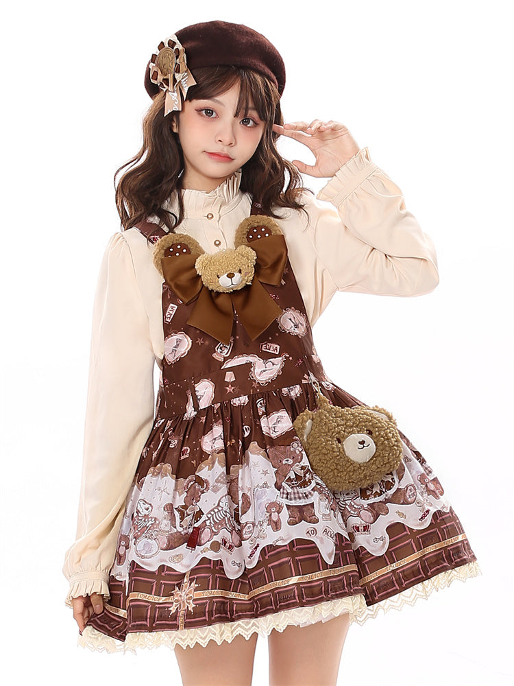 Coffee Chocolate Teddy Bear Lace Trim Big Bow Sweet Lolita Dress Jumper Skirt