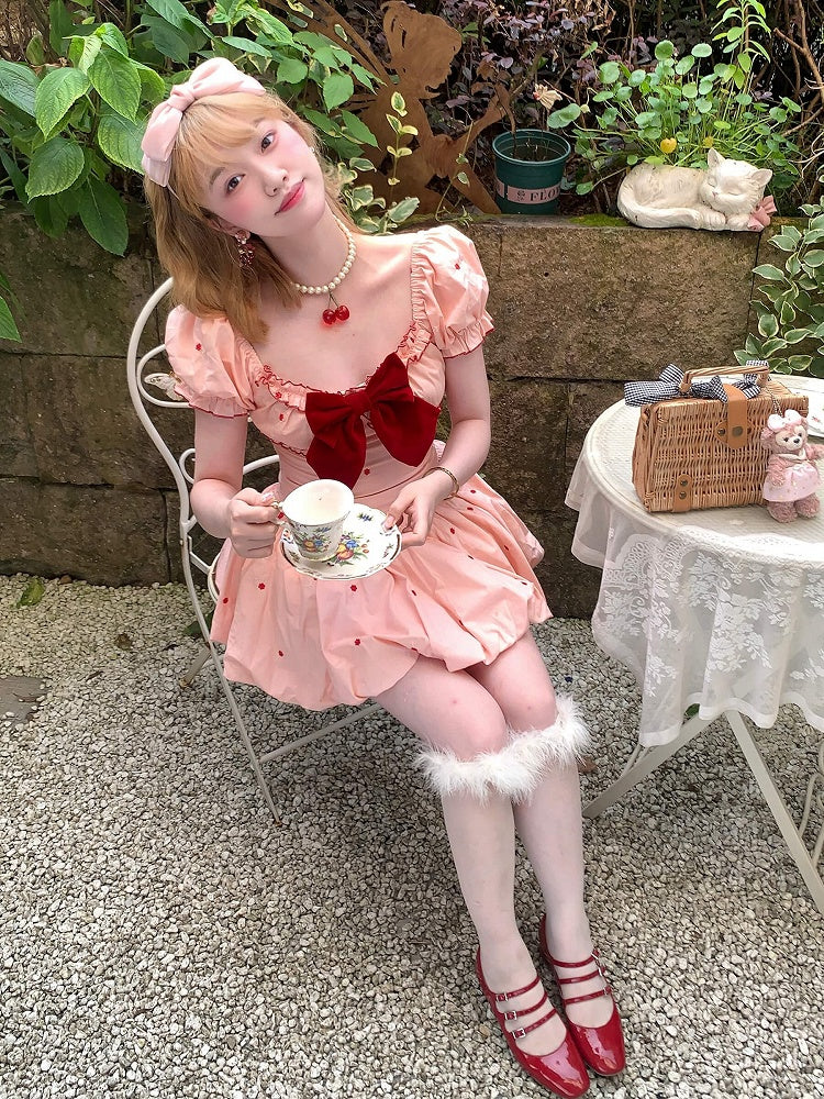 Embroidery Sleeves Bubble Hem Dress with Puff Pink and Floral