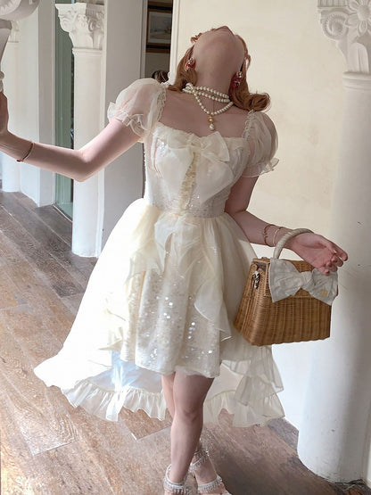 Dress with Tulle Train Beige Sequin-Embellished Square Neckline