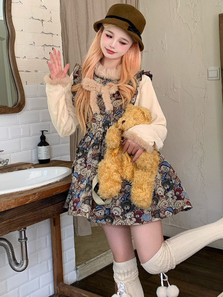 Dress with Plush Bowknot Faux Two-Piece Design Vintage Bear Print Brown
