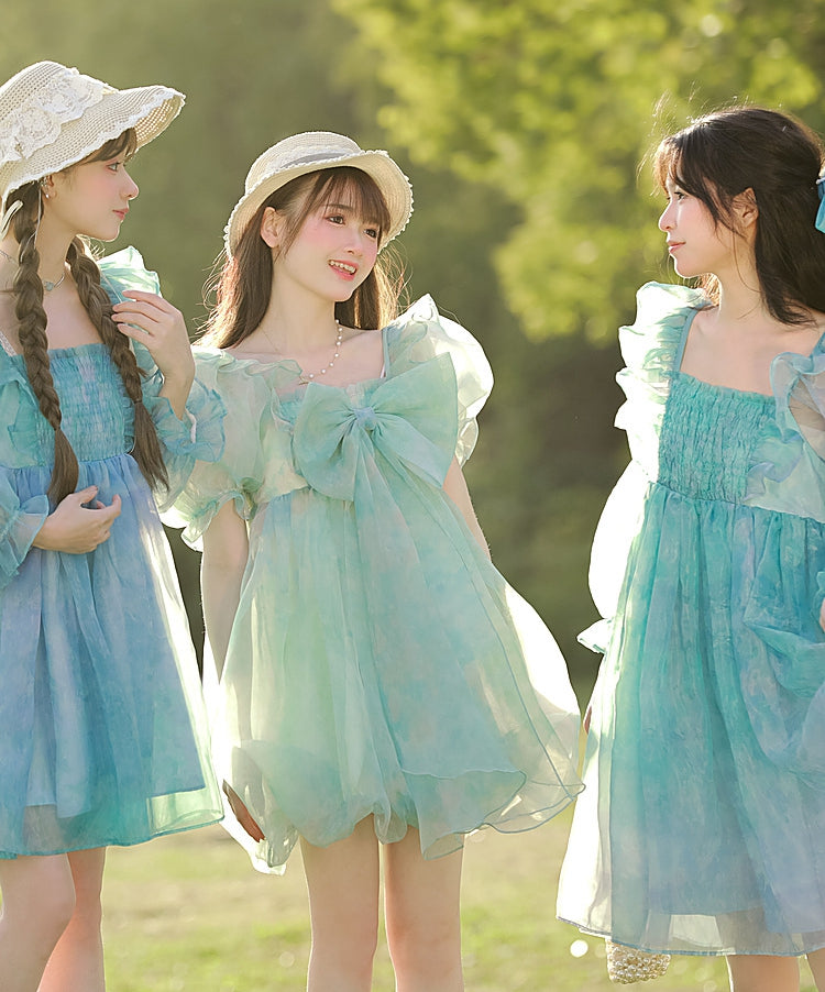 Grünes Kleid mit kurzen/langen Ärmeln und kurzer Schleife und süßer abnehmbarer Version, groß