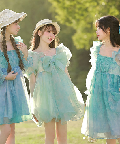 Grünes Kleid mit kurzen/langen Ärmeln und kurzer Schleife und süßer abnehmbarer Version, groß