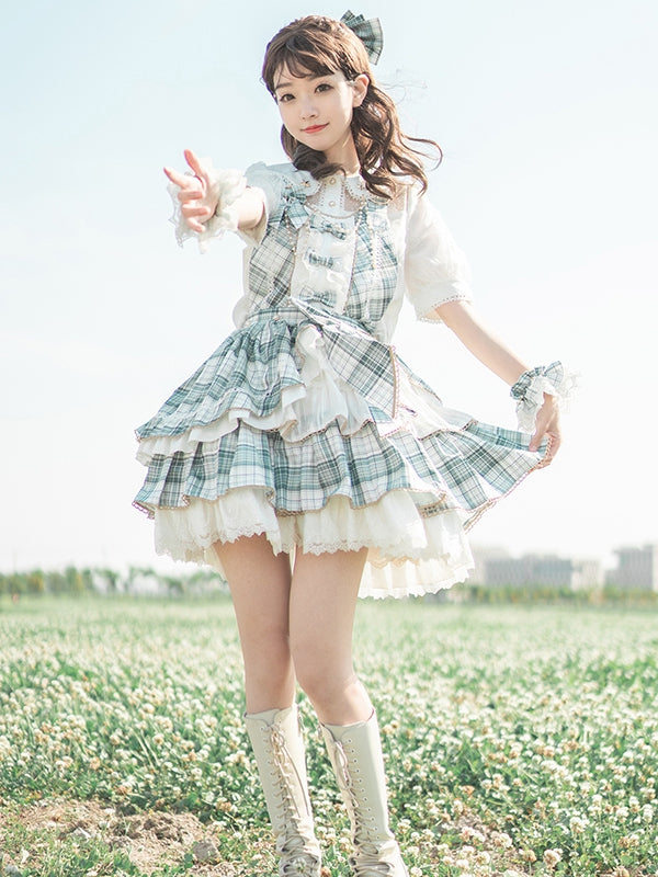 Grün karierter Rüschenrock Idol Kleid Lolita Overalls