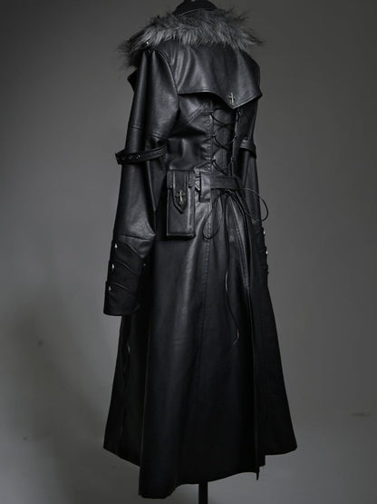 ドラゴンズブレス ブラックフェイクファーカラー PUレザートレンチコート